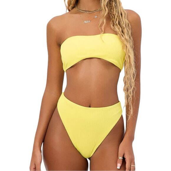 NWT Frankies Bikinis Jean Bandea and Anne Plisse Bottom Yellow Bikini Set XS - Picture 1 of 5